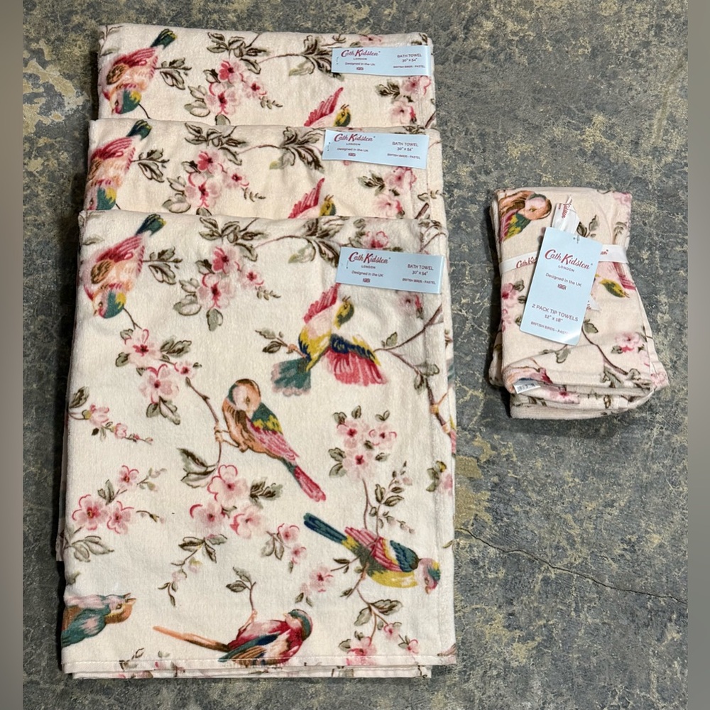 Cath Kidston 5 Pc British Birds - Pastel Towel Set (3Bath 2Tip) Limited Ed - NWT
